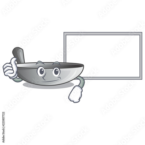 Thumbs up with board character kitchenware wok for cooking food