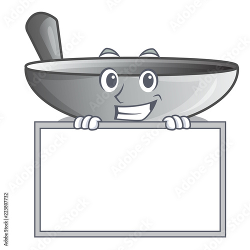 Grinning with board character kitchenware wok for cooking food