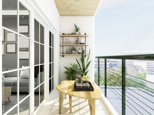 Tableau sur toile Modern balcony design, coffee table, green plants and glass railings, etc