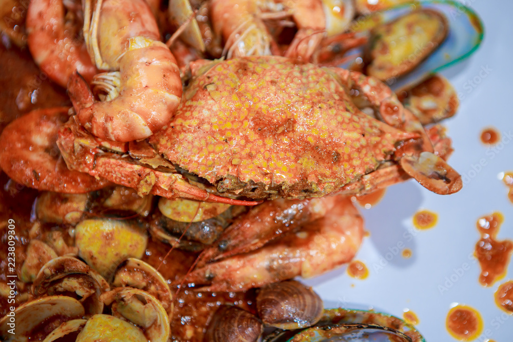 Family eating seafood