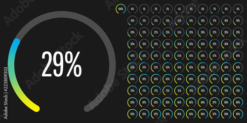 Set of circular sector percentage diagrams from 0 to 100 ready-to-use for web design, user interface (UI) or infographic - indicator with gradient from yellow to cyan (blue)