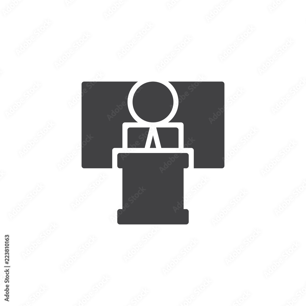 Speaker, conference vector icon. filled flat sign for mobile concept and web design. Person at podium simple solid icon. Symbol, logo illustration. Pixel perfect vector graphics