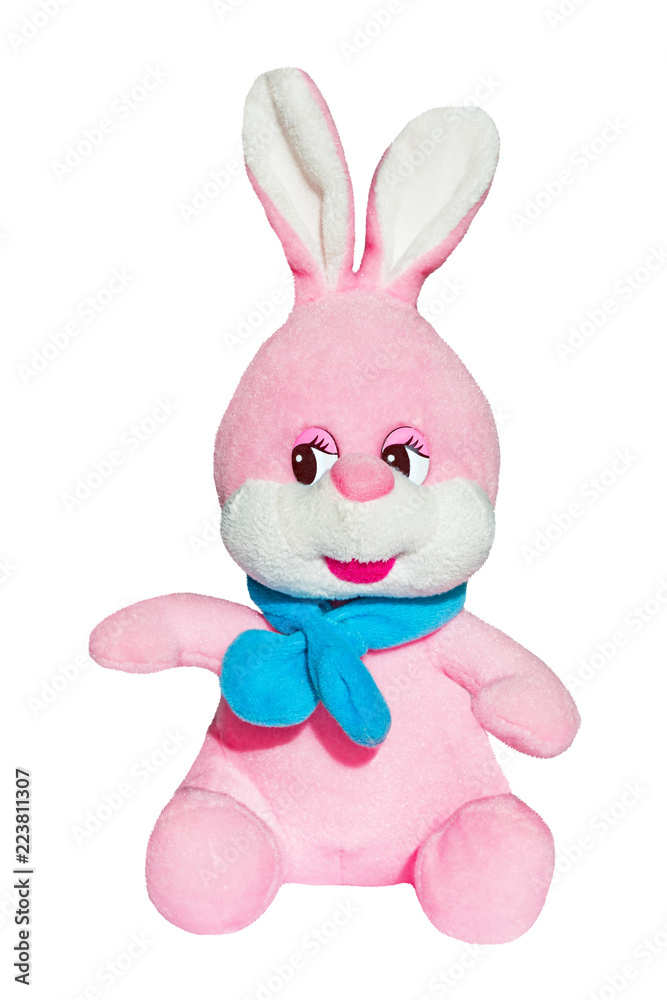 Soft toy pink Bunny with blue scarf isolated on white background Soft toy pink Bunny with blue scarf isolated on white background