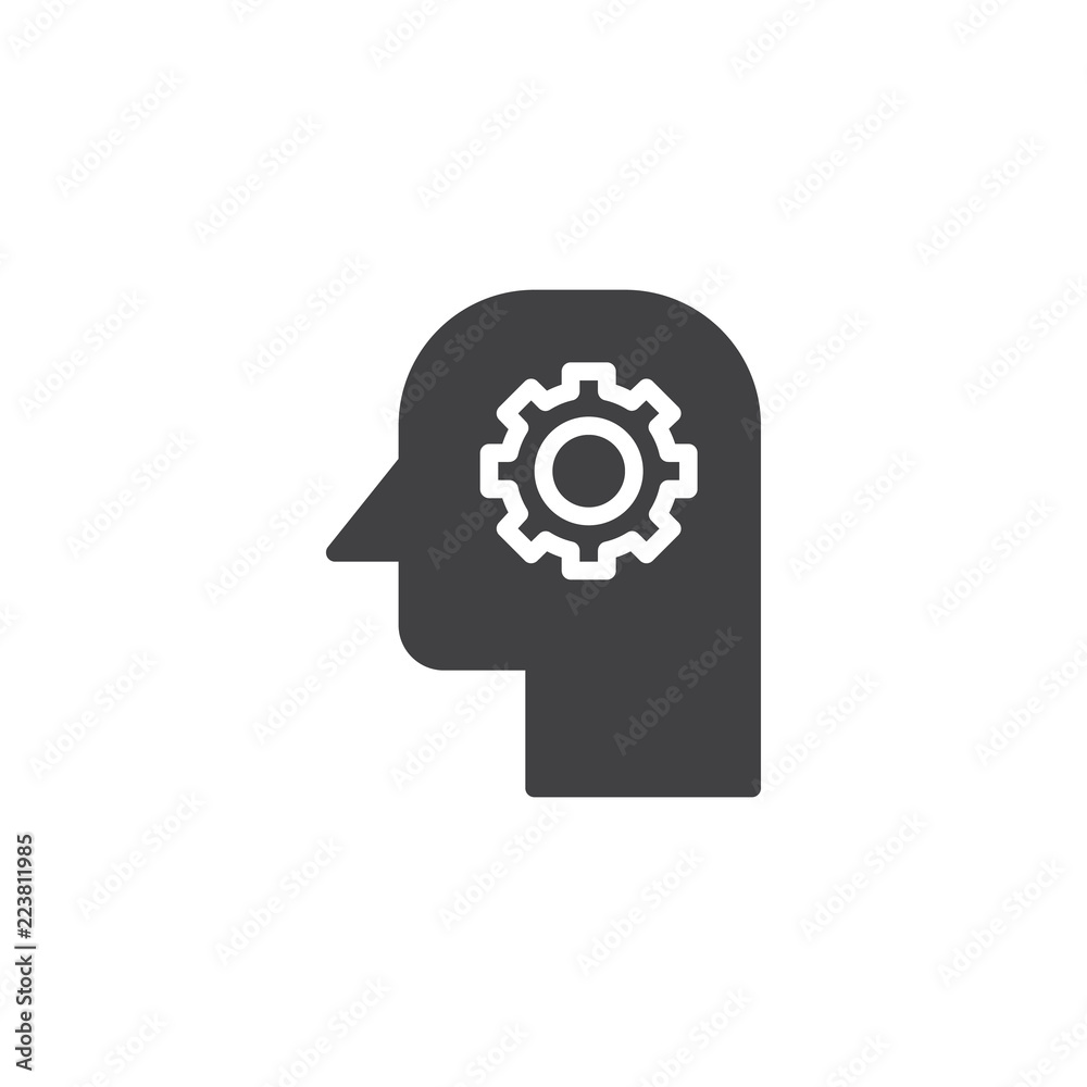 Gear in Head vector icon. filled flat sign for mobile concept and web design. Efficiency simple solid icon. Symbol, logo illustration. Pixel perfect vector graphics Gear in Head vector icon. filled flat sign for mobile concept and web design. Efficiency simple solid icon. Symbol, logo illustration. Pixel perfect vector graphics