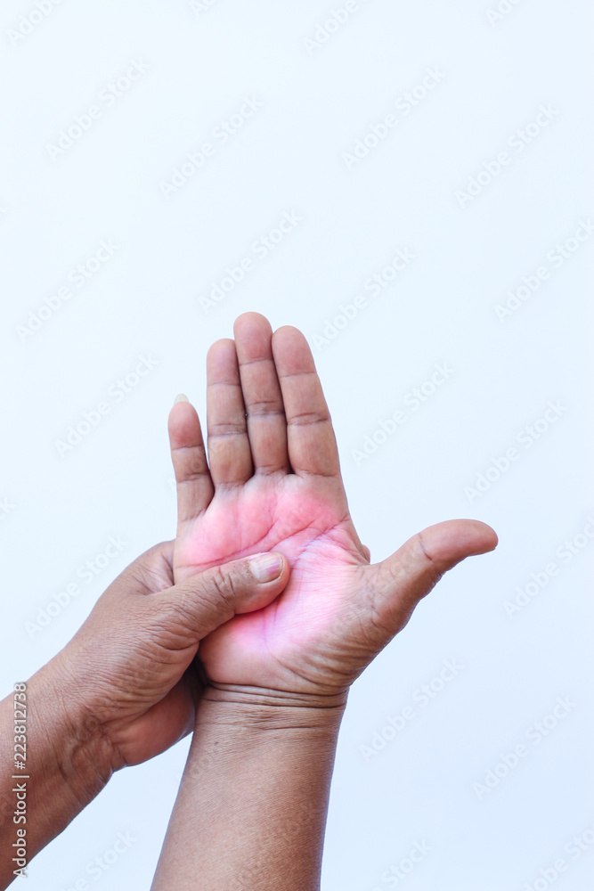 Woman with hand injury on white background Woman with hand injury on white background