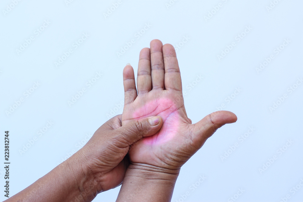 Woman with hand injury on white background Woman with hand injury on white background