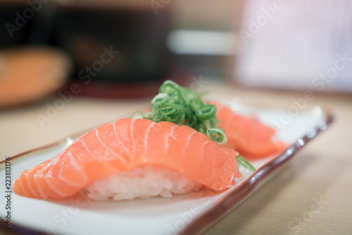 Close up japanese with sushi sashimi on desk.