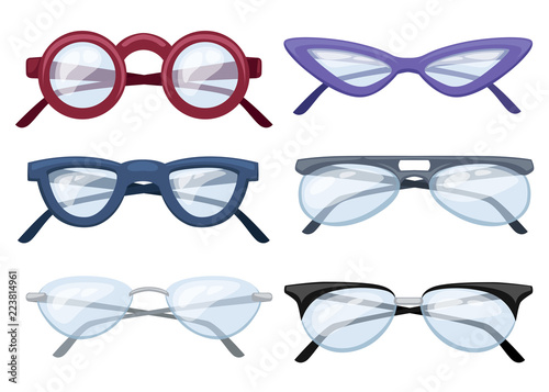Set of colorful glasses. Collection of six cartoon glasses with transparent white glass. Flat vector illustration isolated on white background