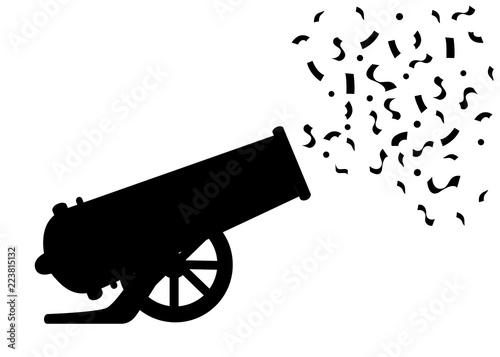 Black silhouette. Ancient cannon shots confetti. Circus cannon. Flat vector illustrator isolated on white background