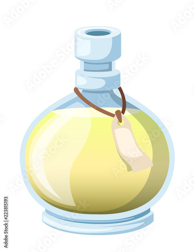 Bottle with potion. Game icon of magic elixir. Yellow potion flat icon. Mana or magic elixir. Vector illustration isolated on white background