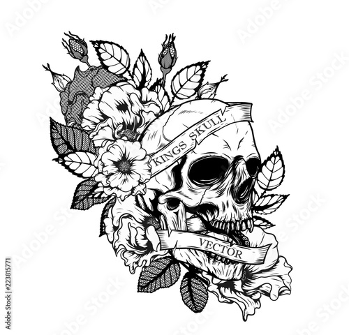Skull with roses tattoo by hand drawing.Tattoo art highly detailed in japanese line art style.Black and white line art pattern for paint