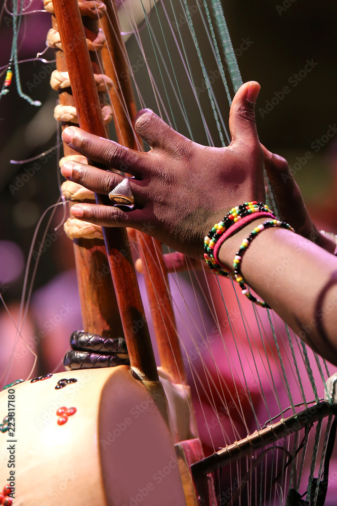 hands of a african man when plays the stringed instrument