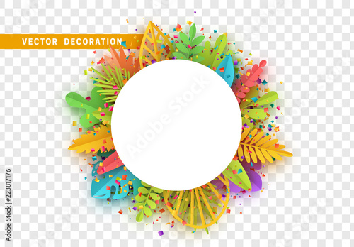 Tropic summer background, palm leaf, paper flower. White frame with place for text isolated with transparent background