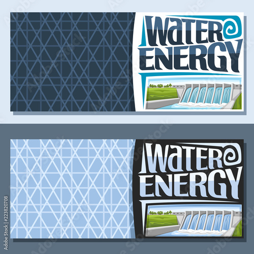 Vector banners for Water Energy with copy space, brochures with small hydroelectric powerplant on summer hills, original lettering - water energy, illustration for sustainable hydro electric plant.