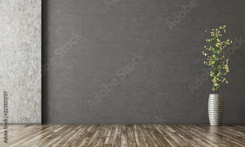 Interior background of room with stucco wall and vase with branch 3d rendering