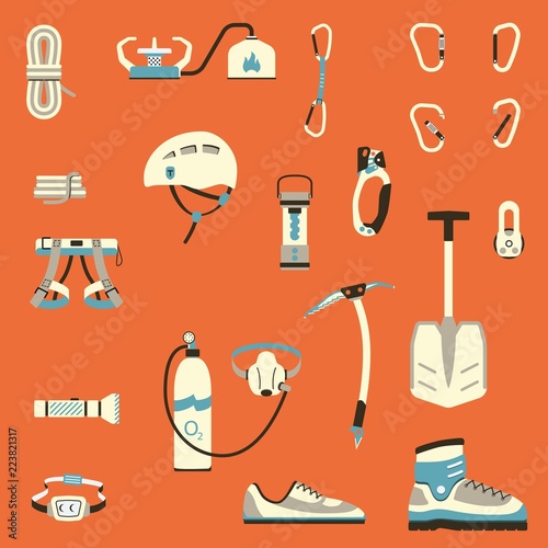 Equipment for mountaineering, climbing,  mountain adventure, extreme sports, outdoor recreation. Set of icons. Ice axe, camming devices, climbing hardware, carabiners, boots, ligths, helmet, shovel, o