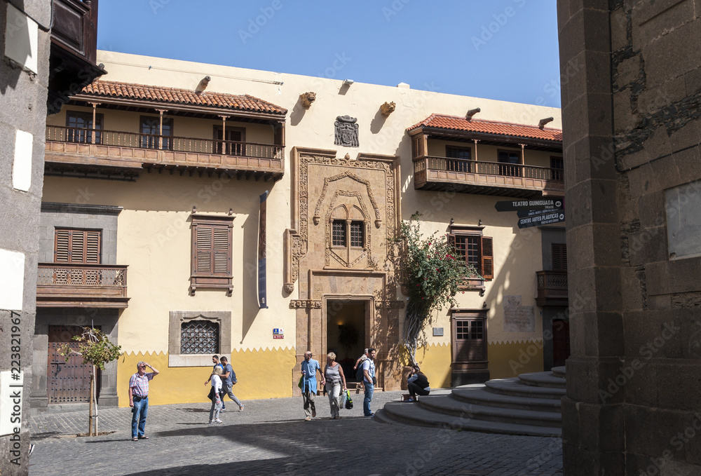 Facade of the Casa de Colon, Columbus’s House, in Las Palmas, Canary Islands, Spain, on February 17, 2017. It can be seen the Portada de la plazoleta de los álamos, Poplar square doorway