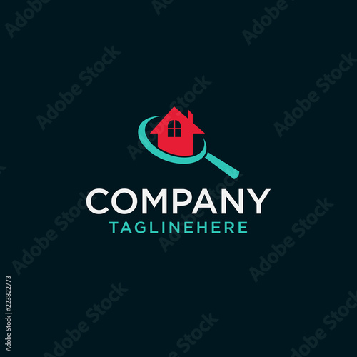 Home search logo - house with window and chimney and magnifier s