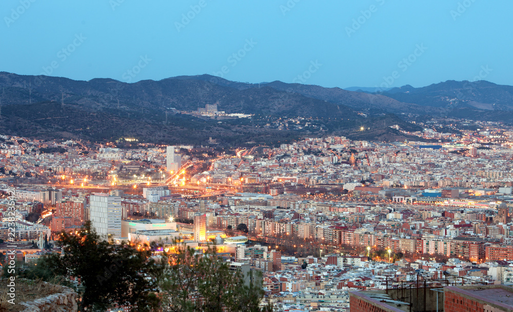 Spain, Cityscape of Barcelona at night.