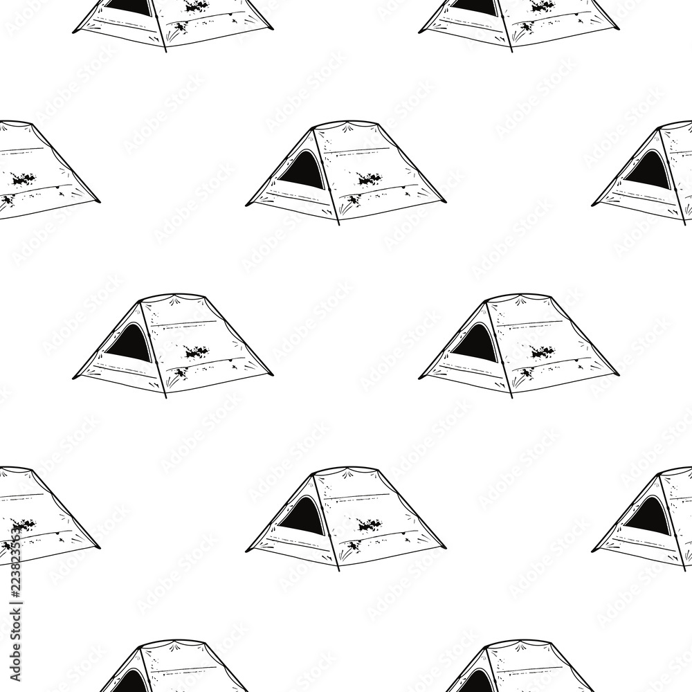 Line art Tent seamless pattern. Silhouette distressed style. Outdoor  adventure wallpaper background. Stock vector illustration Stock Vector |  Adobe Stock