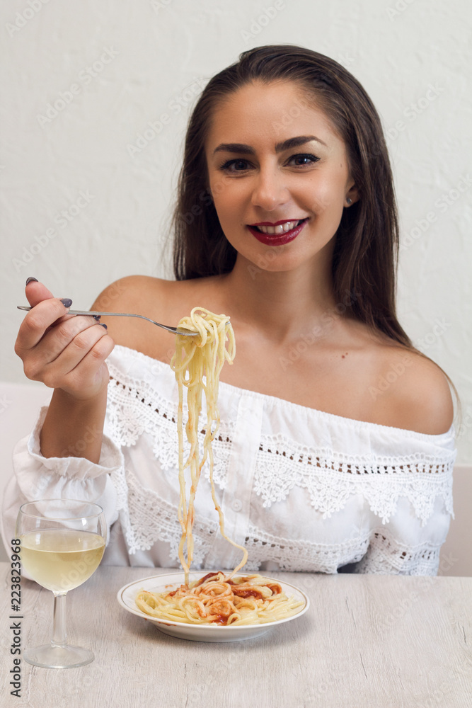 beautiful young woman eating pasta portrait beautiful young woman eating pasta portrait