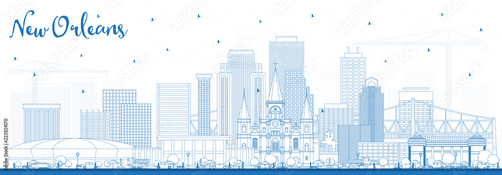 Outline New Orleans Louisiana City Skyline with Blue Buildings.