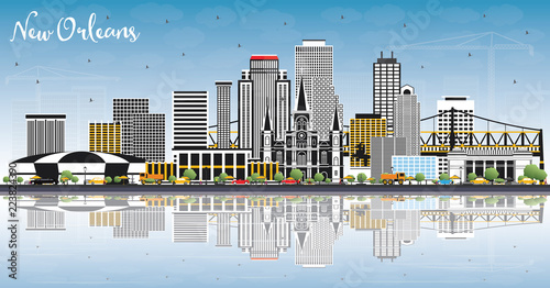 New Orleans Louisiana City Skyline with Gray Buildings, Blue Sky and Reflections.