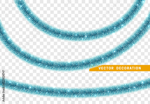 Christmas traditional decorations, blue lush tinsel. Xmas ribbon garland isolated realistic decor element