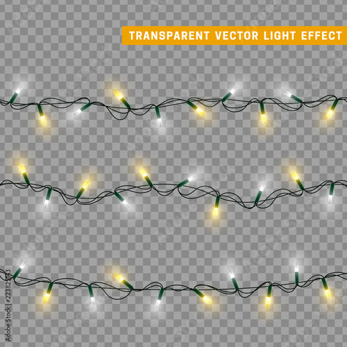 Garlands color gold and white isolated vector, Christmas decorations lights effects. Glowing lights for Xmas Holiday. © lauritta
