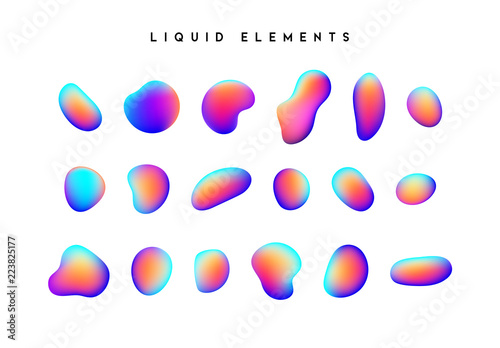 Gradient iridescent shapes. Set isolated liquid elements of holographic chameleon design palette of shimmering colors. Modern abstract pattern, bright colorful paint splash fluid.