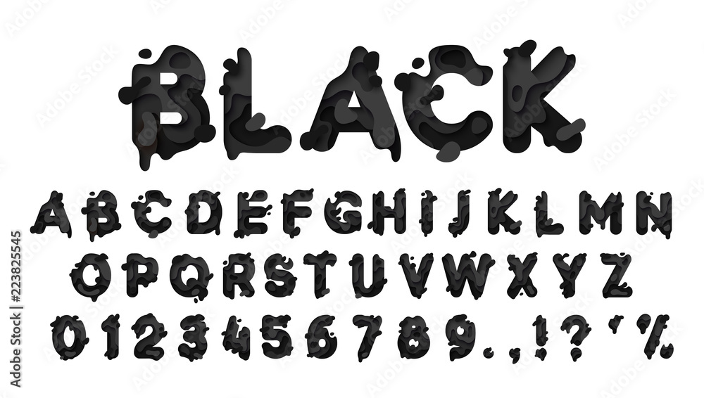Alphabet colors black. Paper cut letter. Fluid typeface, texture style