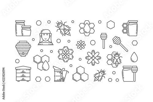 Beekeeping vector outline horizontal illustration or banner