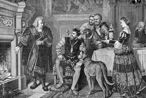 XVI century, Holy Emperor Charles V and king of Spain in Augsburg at home of Anton Fugger, powerful German merchant, vintage print photo