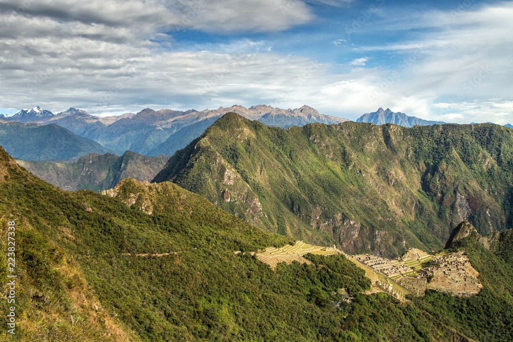 View of the Lost Incan City of Machu Picchu near Cusco, Peru. Machu Picchu is a Peruvian Historical Sanctuary and a UNESCO World Heritage Site. Machu Picchu is located in the Cusco Region in Peru. View of the Lost Incan City of Machu Picchu near Cusco, Peru. Machu Picchu is a Peruvian Historical Sanctuary and a UNESCO World Heritage Site. Machu Picchu is located in the Cusco Region in Peru.