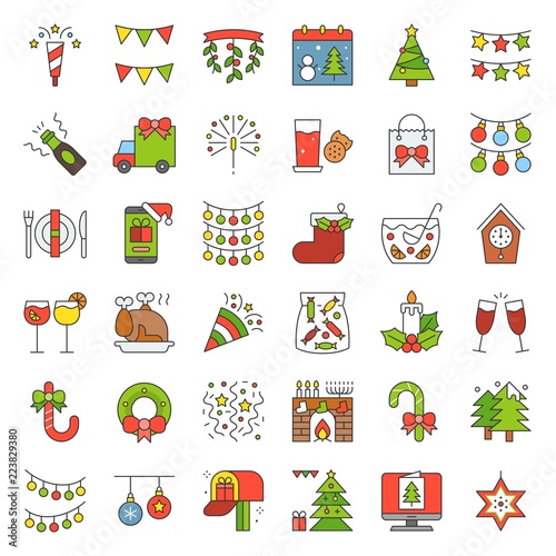 Merry Christmas icon set 3, filled outline editable stroke