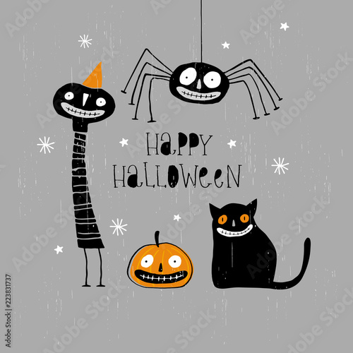 Funny Hand Drawn Happy Halloween Vector Illustration. Freaky Black Cat, Angry Pumpkin, Cute Black Spider, Creepy Clown in Orange Party Hat. Hand Written Letters. Gray Background.