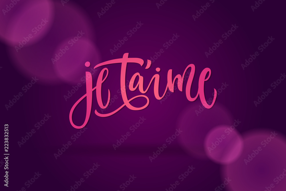 Pink letters I love you in french. Calligraphy on a dark violet background for cards, confession of love, invitations and banners. Modern brush calligraphy.