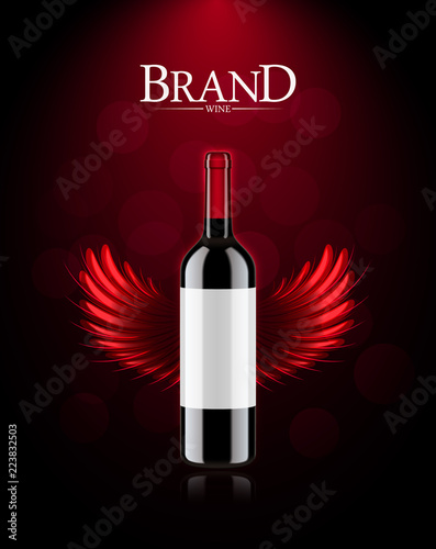 Wine bottle advertising banner or poster. Realistic wine product with red wings. Brand elegance template vector illustration. Dark bokeh background.