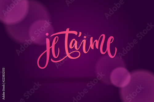 Pink letters I love you in french. Calligraphy on a dark violet background for cards, confession of love, invitations and banners. Modern brush calligraphy.