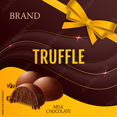 Truffle packaging. Chocolate candy box mock up. Advertising banner or poster template. Vector illustration