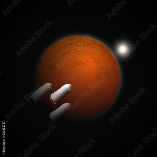 Mars colonization mission background. Few spaceships flying to red planet through space for exploration. Futuristic colony or base on Mars surface for living and discovery