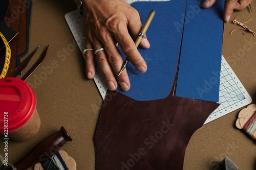 Tableau sur toile Details of work at leather workshop nowdays