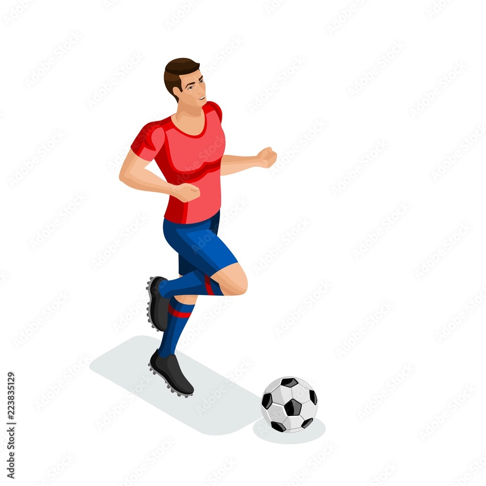 Isometric a man plays football, training, running, ball, preparation for the match. Football match