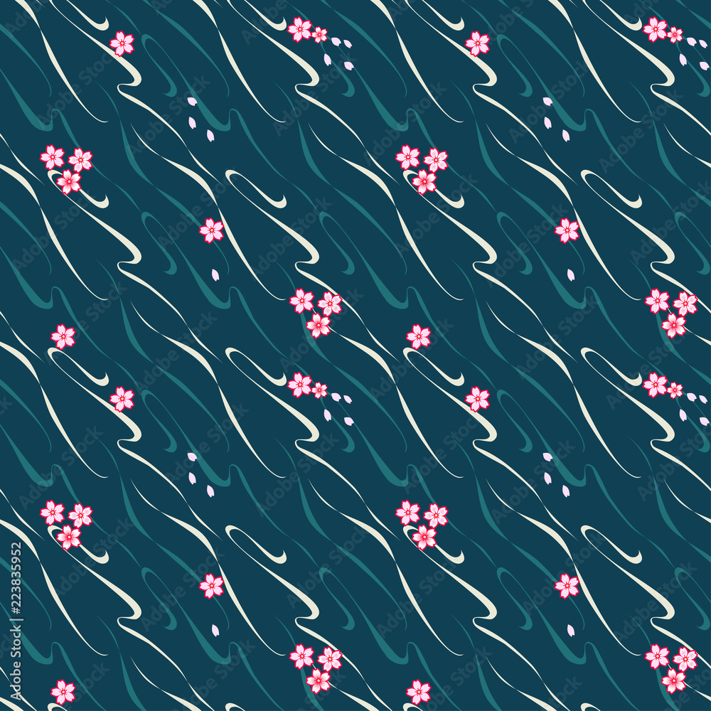 Sakura flowers and patel flowing in river water. Japanese style pattern. Sakura flowers and patel flowing in river water. Japanese style pattern.