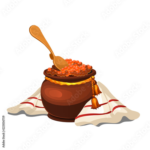 Clay pot with red caviar isolated on white background. Vector cartoon close-up illustration.