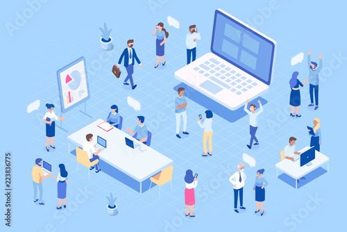 Isometric people in Office. Isometric office workspace. Flat vector illustration isolated on white background.