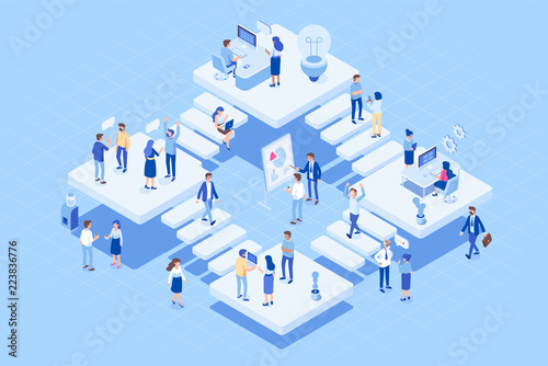 Isometric Coworking office concept.  office with different people characters.  Flat vector illustration.