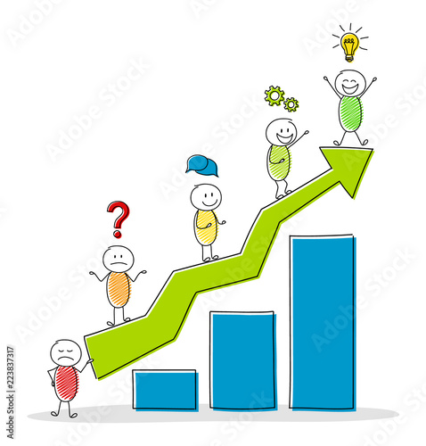 Concept illustration with column graph, cartoon stickman and business icons. Vector.