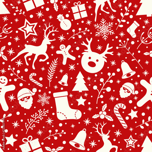 Concept of seamless texture with Christmas ornaments. Vector.