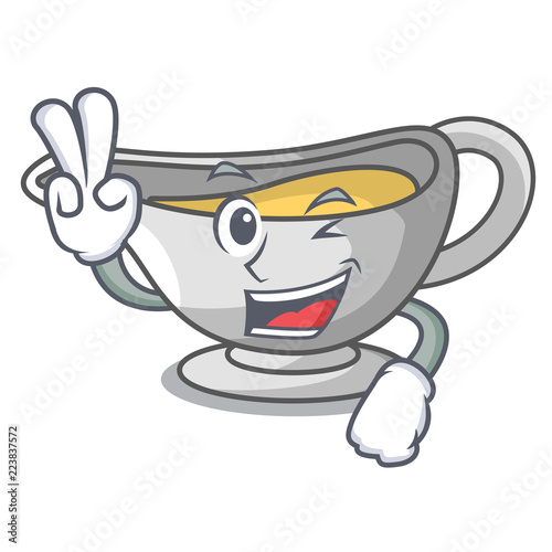 Two finger sauce boat cartoon with tasty cheese